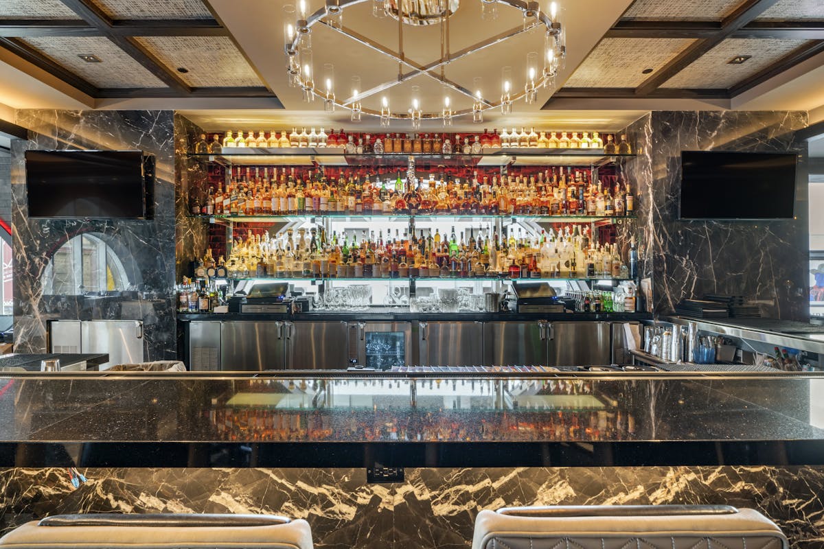 bar with chandelier